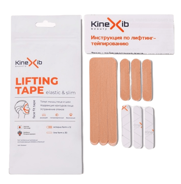 Kinexib Lifting Tape Кинезио тейп для эстетического тейпирования, бежевый, набор, 12 W-лент, 30 I-тейпов, 1 шт.