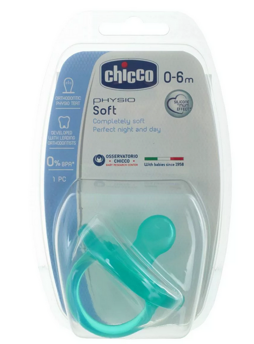 Chicco Physio Soft Пустышка силиконовая ортодонтическая 0-6 м, 0-6 месяцев, голубого цвета, 1 шт.