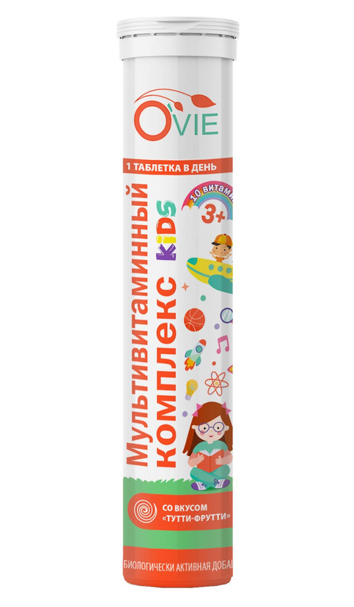 Ovie Мультивитаминный комплекс, для детей с 3 лет и взрослых, таблетки шипучие, со вкусом тутти-фрутти, 20 шт.