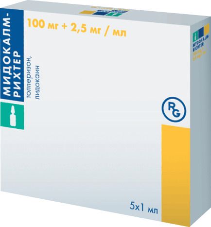 Мидокалм-Рихтер, 100 мг+2.5 мг/мл, раствор для инъекций, 1 мл, 5 шт.